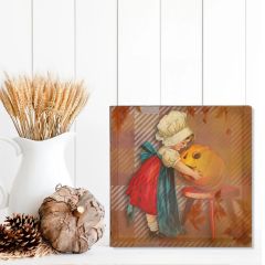 Girl With Jack O Lantern Plaid Canvas Wall Art