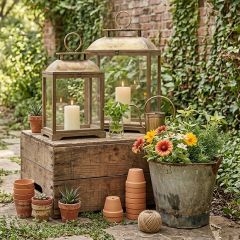 Gold Top Wooden Lantern Set of 2