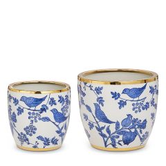Gold Trimmed Blue Bird Cache Pot Set of 2