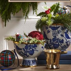 Gold Trimmed Blue Bird Pedestal Bowl