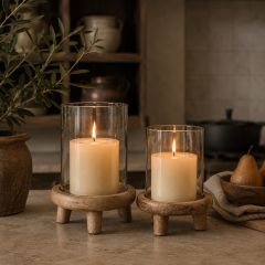 Hurricane Candle Holder on Footed Wood Stand Set of 2