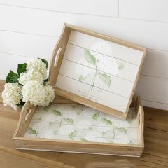 Hydrangea Print Handled Wooden Trays Set of 2