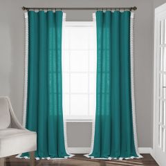 Lace Trim Faux Linen Teal Window Panel Set of 2