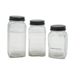 Lidded Ribbed Clear Glass Canisters Set of 3