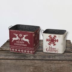 Merry Christmas Metal Bucket Planters Set of 2