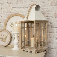 Metal Roof Rustic Wood Lantern With Rope Hanger
