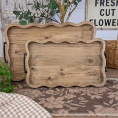 Natural Farmhouse Scalloped Wood Trays Set of 2