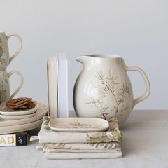 Olive Branch Pattern Debossed Stoneware Pitcher