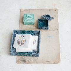 Painted Blues Lidded Salt Box Set of 2 With Matching Napkin Holder