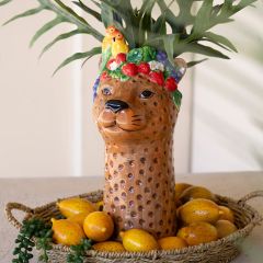 Painted Ceramic Cheetah with Fruit Vase