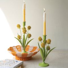 Painted Yellow Flowers Taper Candle Holder Set of 2