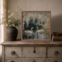 Pair Of Swans Beneath Blooming Trees Framed Wall Art