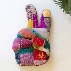 Peace Sign Hand Kantha Accent Pillow