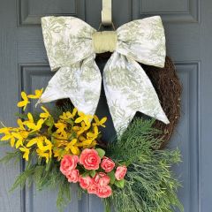 Quilted Green Floral Fabric Bow Door Hanger