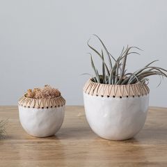 Rattan Stitched Stoneware Planter Pot Set of 2
