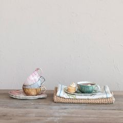 Reactive Glaze Stoneware Teacup with Saucer Set of 4