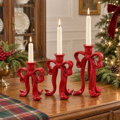 Red Bow Taper Candle Holders Set of 3