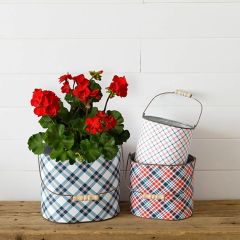 Red White And Blue Plaid Metal Buckets Set of 3