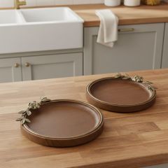 Round Wood Tray with Gold Branch Accents Set of 2