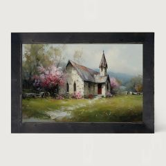 Rustic Framed Country Church with Pink and Purple Flowering Trees Wall Art