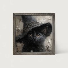 Rustic Framed Witch Hat Black Cat Wall Art