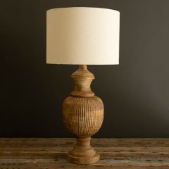 Rustic Wood Base Table Lamp With Fabric Shade Carved Lines