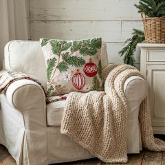 Stitched Evergreen and Ornaments Throw Pillow