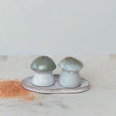 Stoneware Mushroom Salt and Pepper Set With Tray
