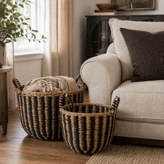 Striped Round Basket With Handles Set of 2