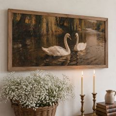 Swans Along A Quiet Riverbank Framed Wall Art