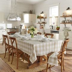 Tan and White Buffalo Check Farmhouse Tablecloth
