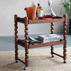 Turned Leg Tiered Wood Rolling Bar Cart