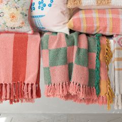 Two Toned Cotton Throw Blanket With Fringe Check