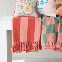 Two Toned Cotton Throw Blanket With Fringe Stripe