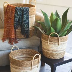 Two Toned Handled Round Storage Baskets Set of 3