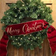 Velvet Embroidered Merry Christmas Wreath Sash Red