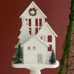 White Wooden Christmas Village On Pedestal