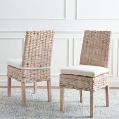 Whitewash Rattan Cushioned Side Chair Set of 2