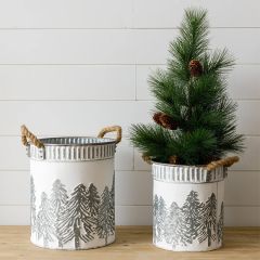 Winter Trees Embossed Metal Bucket Set of 2