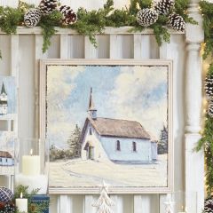 Wood Framed Winter Church on Hill Wall Art