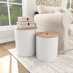 Wood Top Round Metal Storage Stool Set of 2
