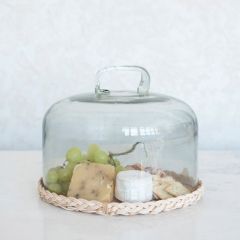 Woven Rattan Tray With Glass Cloche