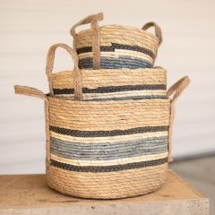 Woven Striped Round Rush Basket Set of 3