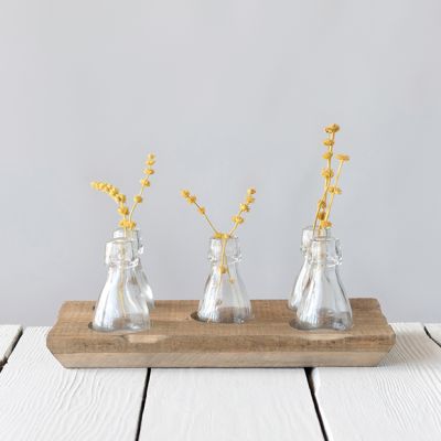 5 Bottle Vases in Wood Centerpiece Tray