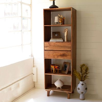 2 Drawer Tall Wooden Shelf Cabinet