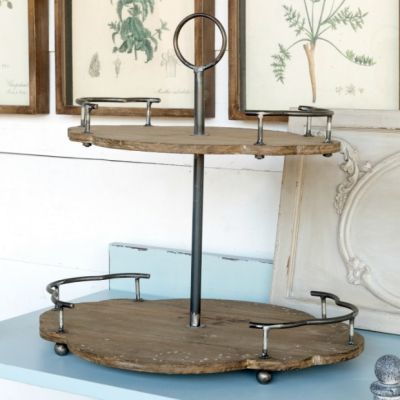 2-Tier Scalloped Wood And Metal Serving Tray