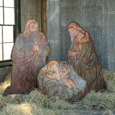 3 Piece Large Antiqued Metal Nativity Scene Set