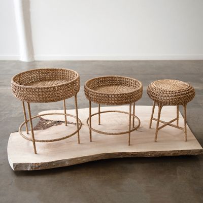 3 Piece Woven Basket Tray Table and Stool Set