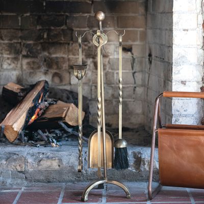 5 Piece Brass Finished Antiqued Fireplace Tool Set