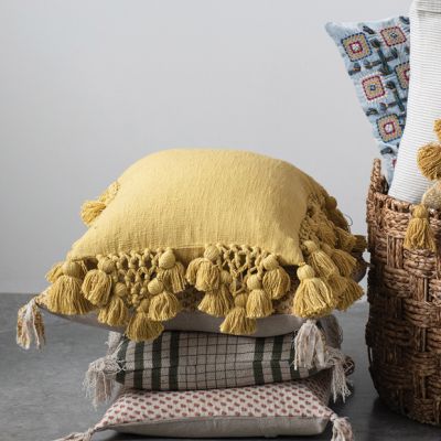 Square Crochet And Tasseled Slub Pillow With Fringe